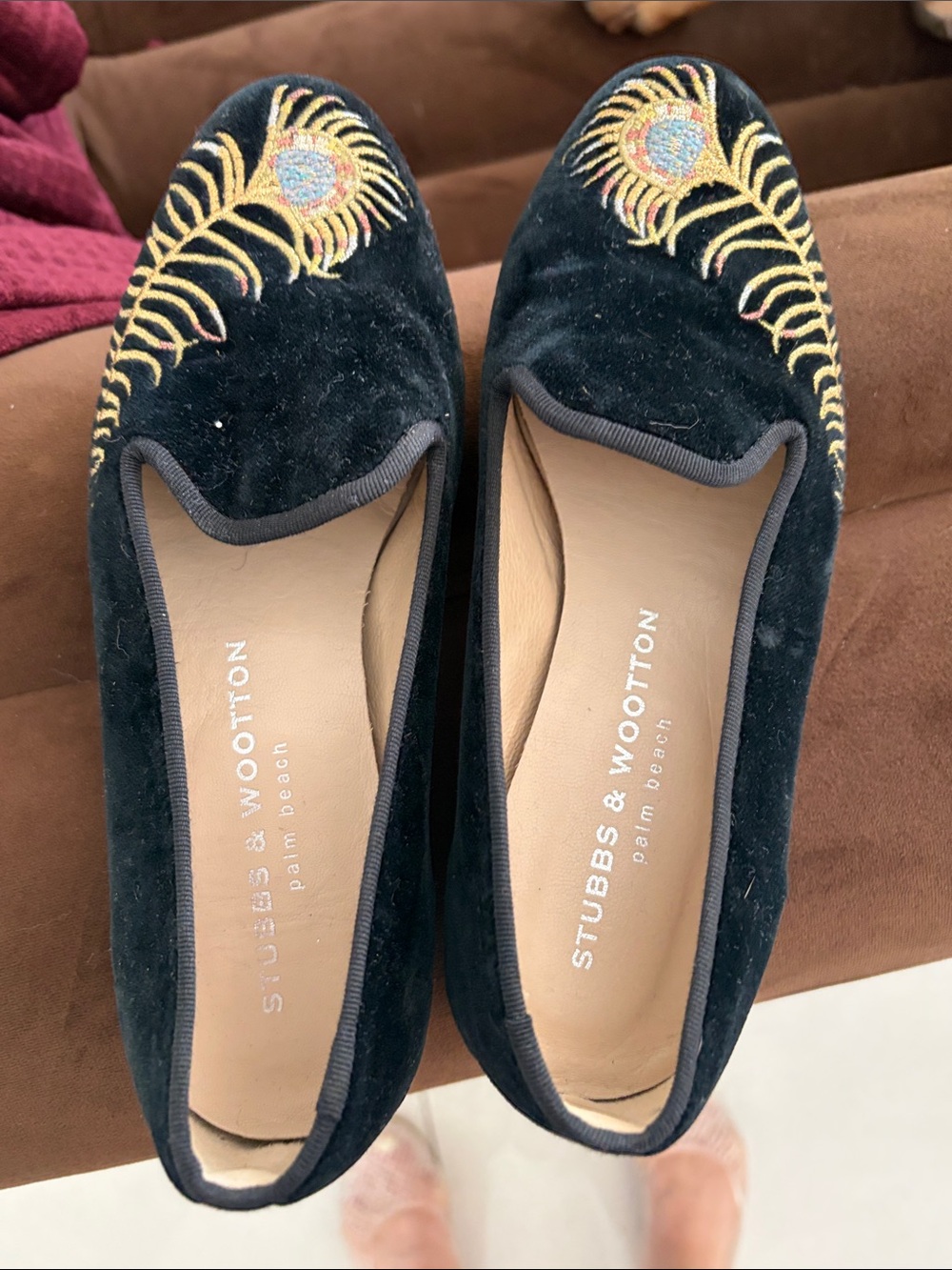 Stubbs & Wootton Black Velvet Embroidered Peacock Loafers